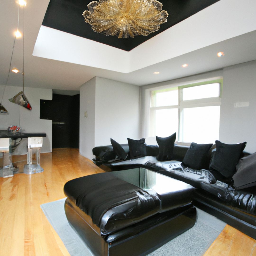 sala de estar moderna con luz de techo dorada sobre techo negro